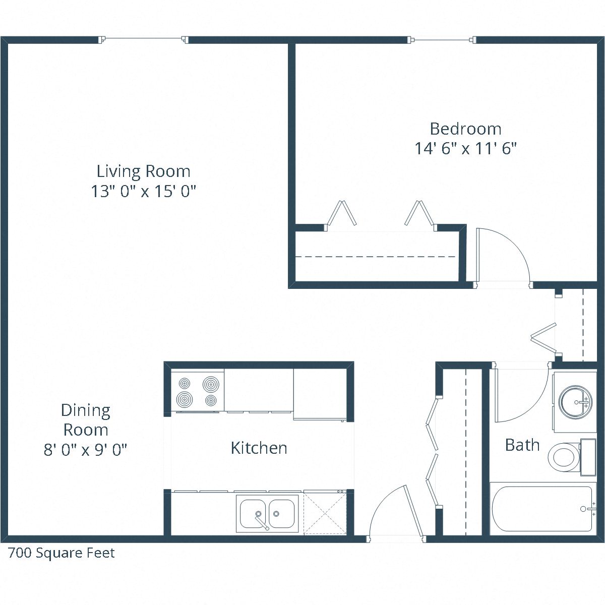 Floor plan for 1 bed, 1 bath, 700 sqft
