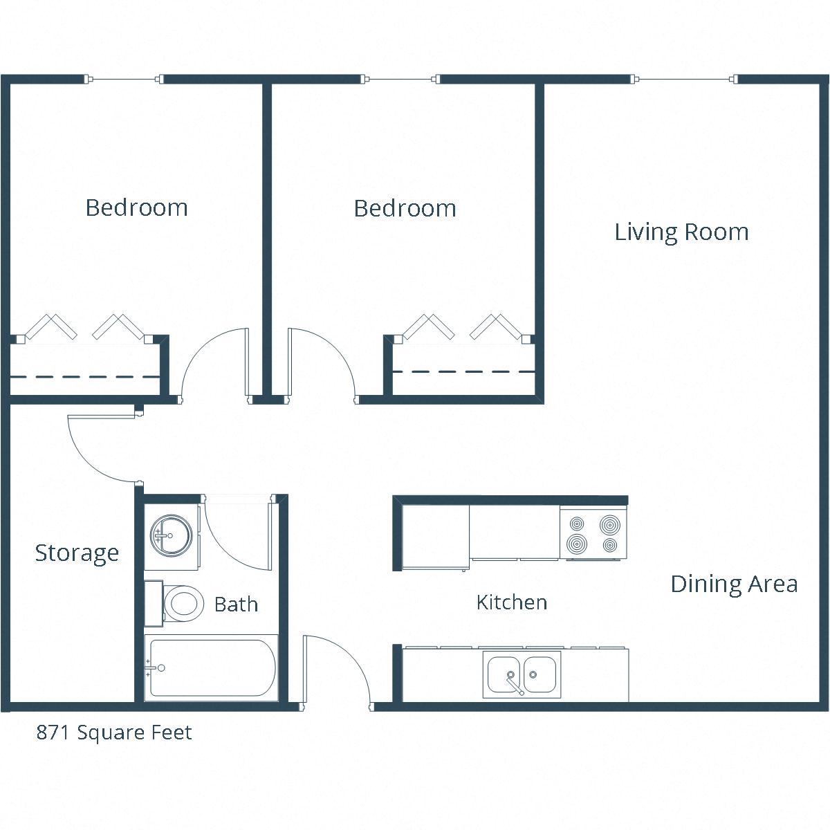 Floor plan for 2 beds, 1 bath, 871 sqft