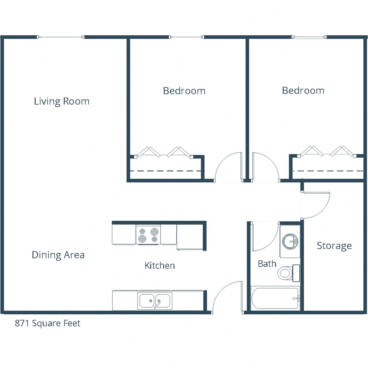 Floor plan for 2 beds, 1 bath, 871 sqft