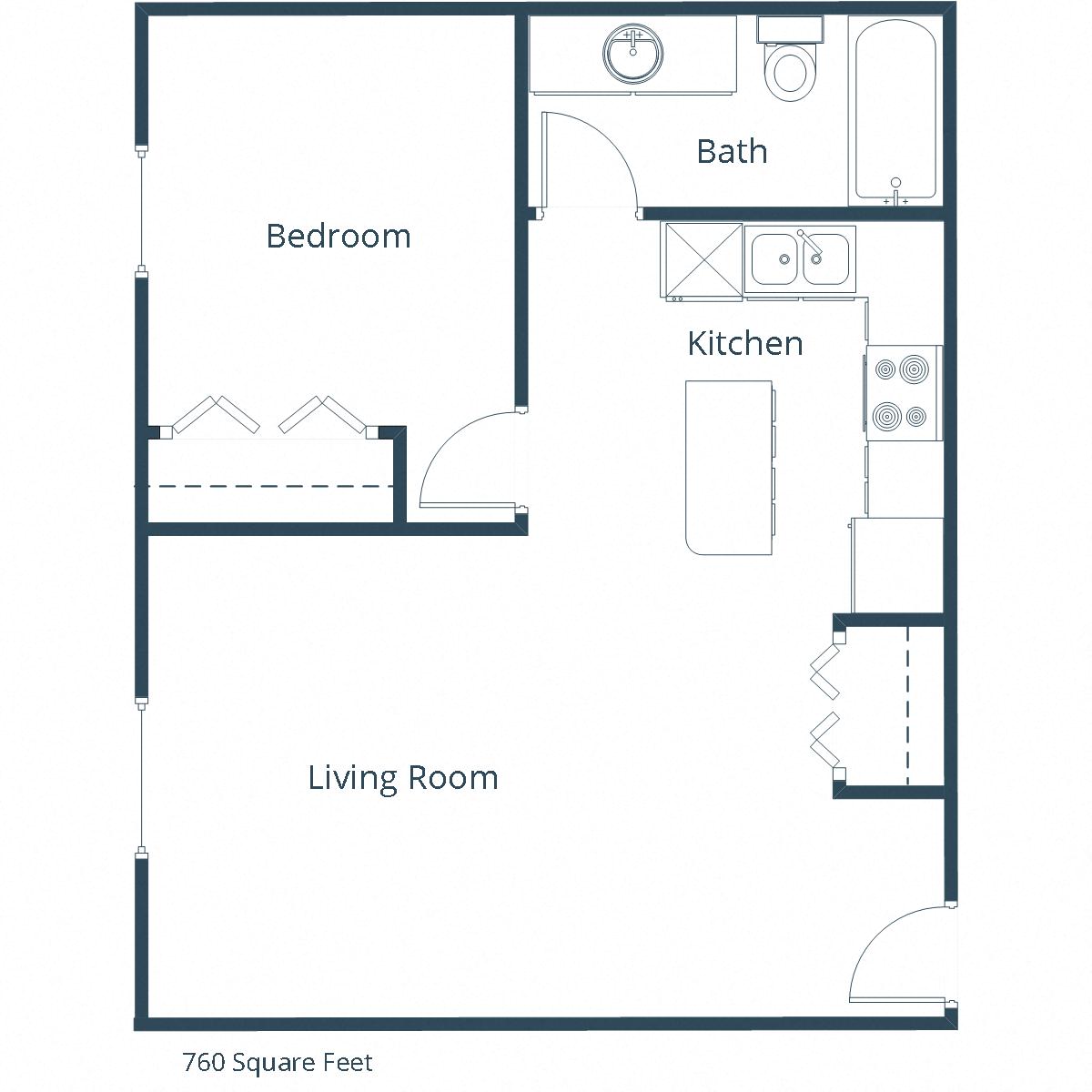 Floor plan for 1 bed, 1 bath, 760 sqft