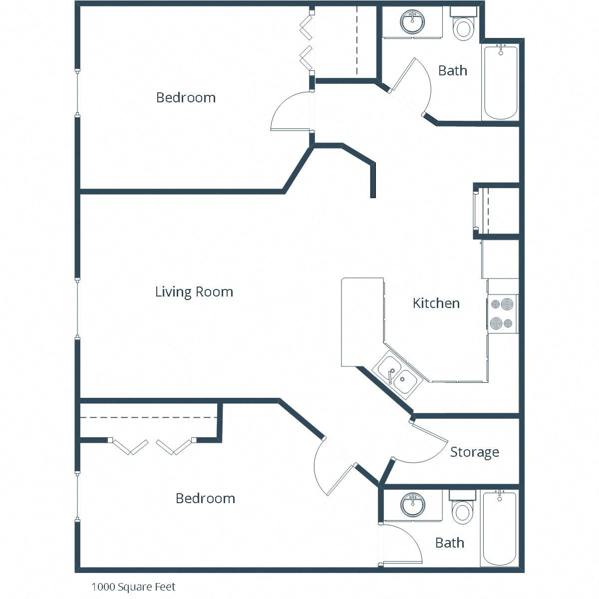 Floor plan for 2 beds, 2 baths, 1000 sqft