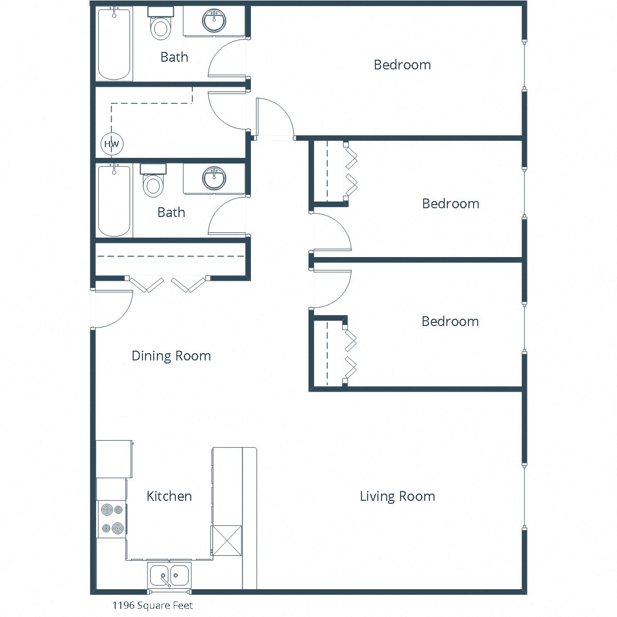 Floor plan for 3 beds, 2 baths, 1196 sqft