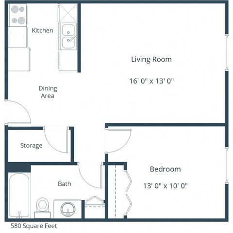 Floor plan for 1 bed, 1 bath, 593 sqft