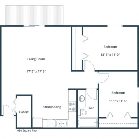 Floor plan for 2 beds, 1 bath, 950 sqft