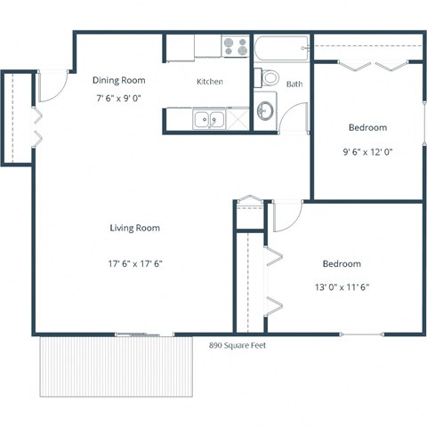 Floor plan for 2 beds, 1 bath, 890 sqft