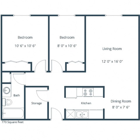 Floor plan for 2 beds, 1 bath, 770 sqft