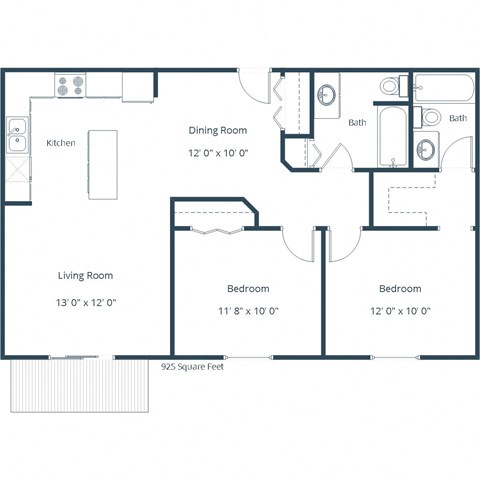 Floor plan for 2 beds, 2 baths, 925 sqft