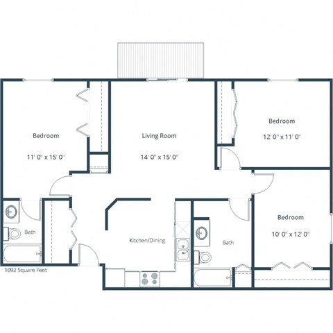 Floor plan for 3 beds, 2 baths, 1061 sqft