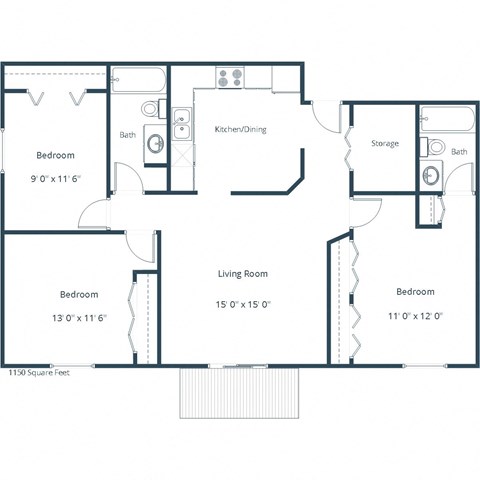 Floor plan for 3 beds, 2 baths, 1150 sqft