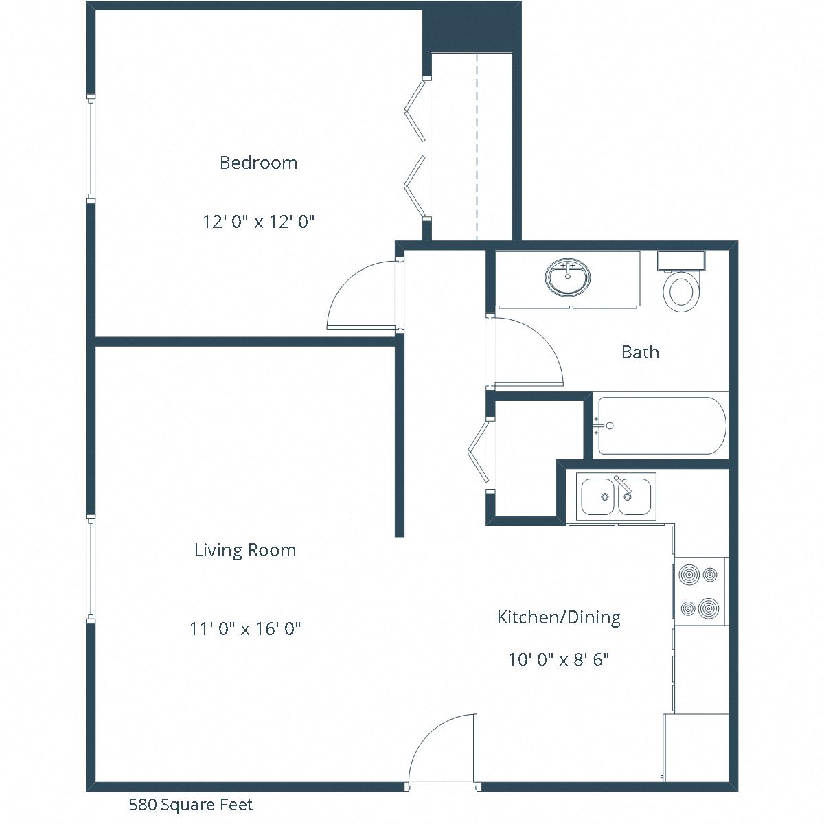 Floor plan for 1 bed, 1 bath, 580 sqft