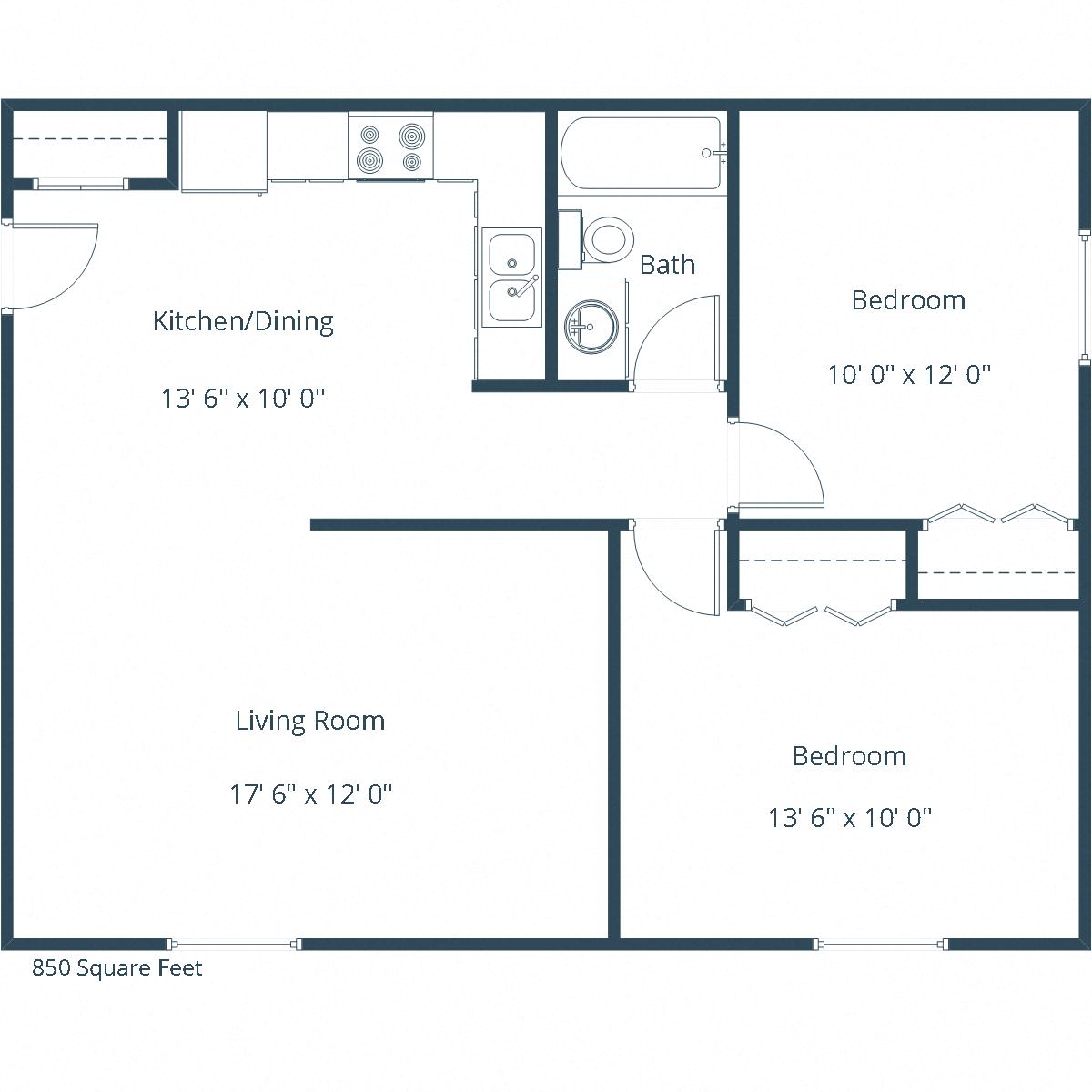 Floor plan for 2 beds, 1 bath, 850 sqft