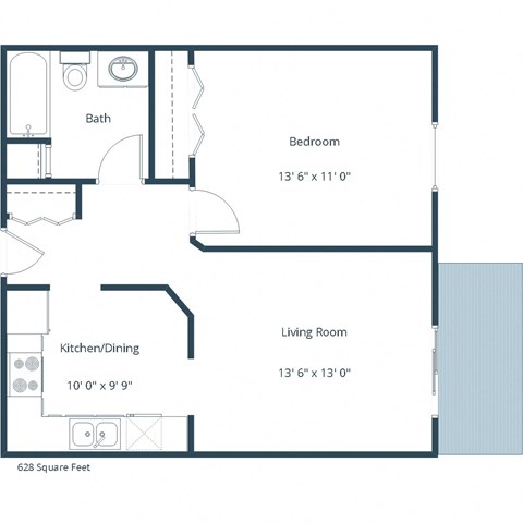 Floor plan for 1 bed, 1 bath, 628 sqft