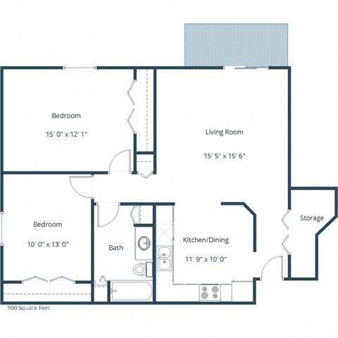 Floor plan for 2 beds, 1 bath, 1000 sqft