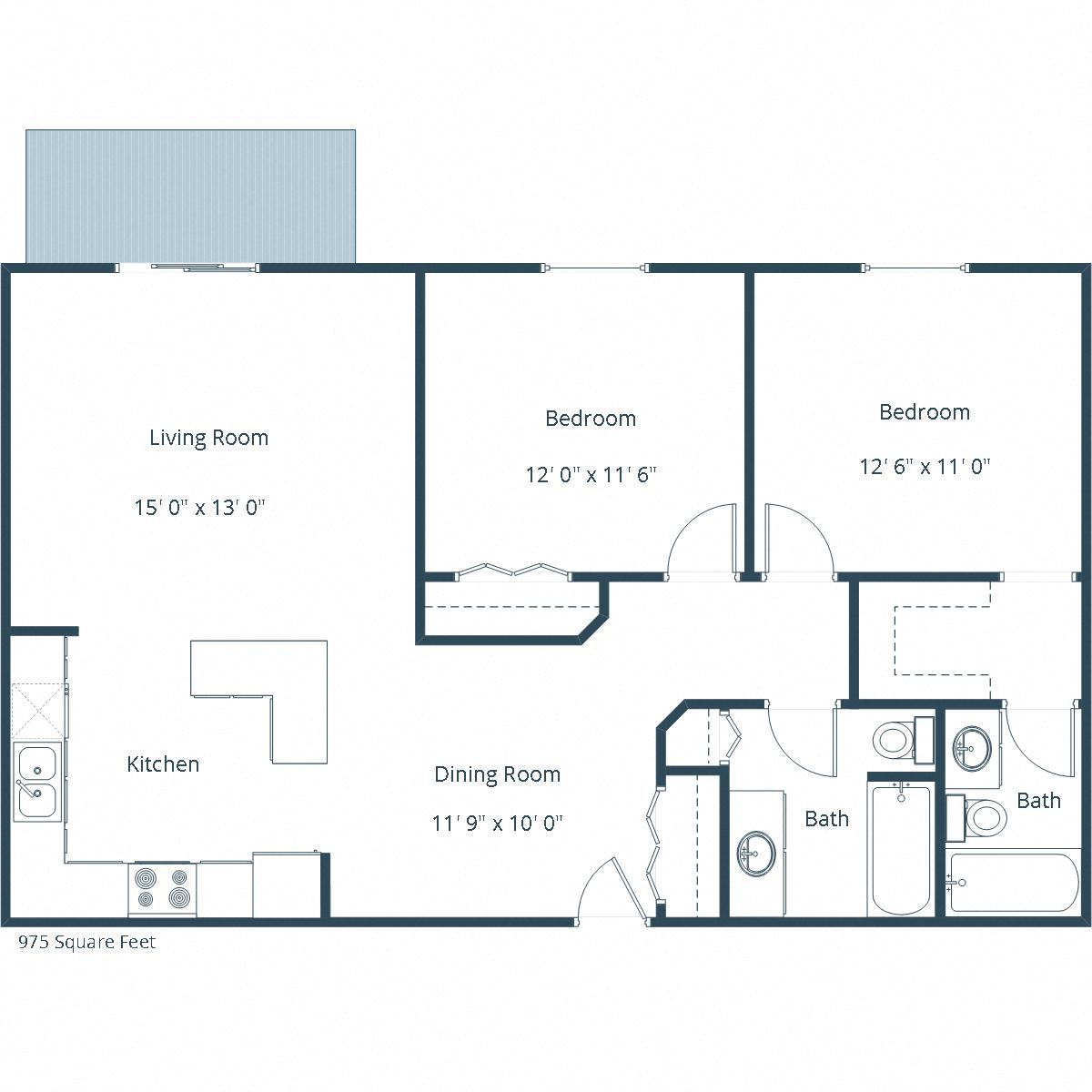 Floor plan for 2 beds, 2 baths, 975 sqft