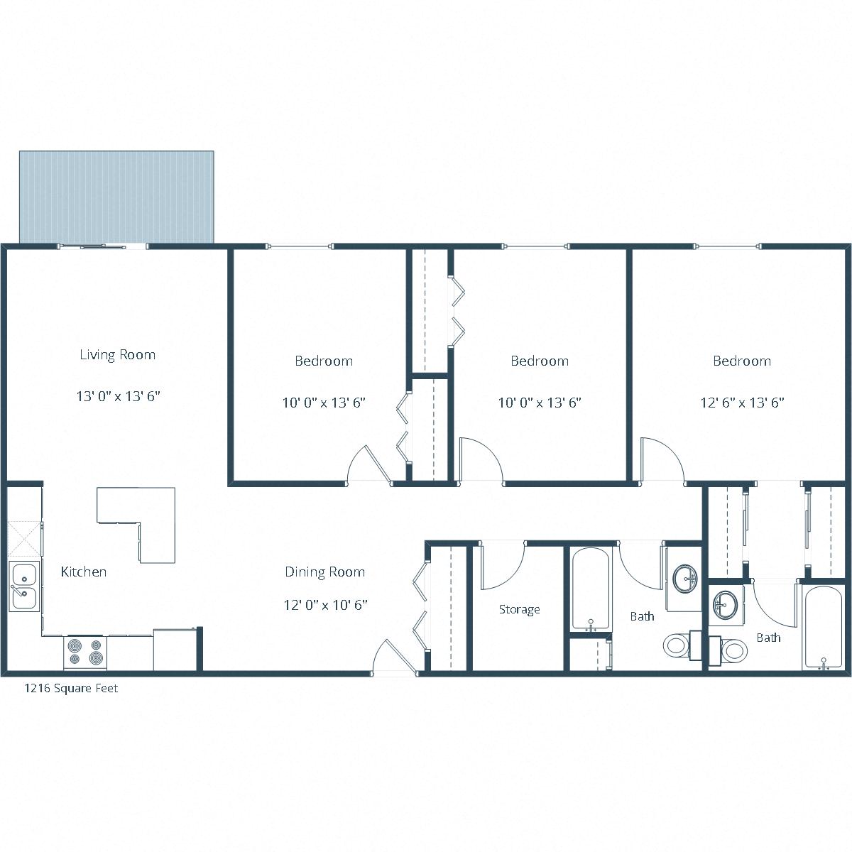 Floor plan for 3 beds, 2 baths, 1216 sqft