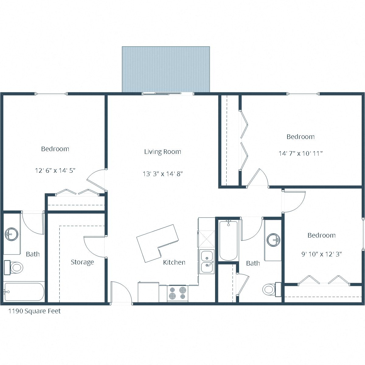 Floor plan for 3 beds, 2 baths, 1190 sqft