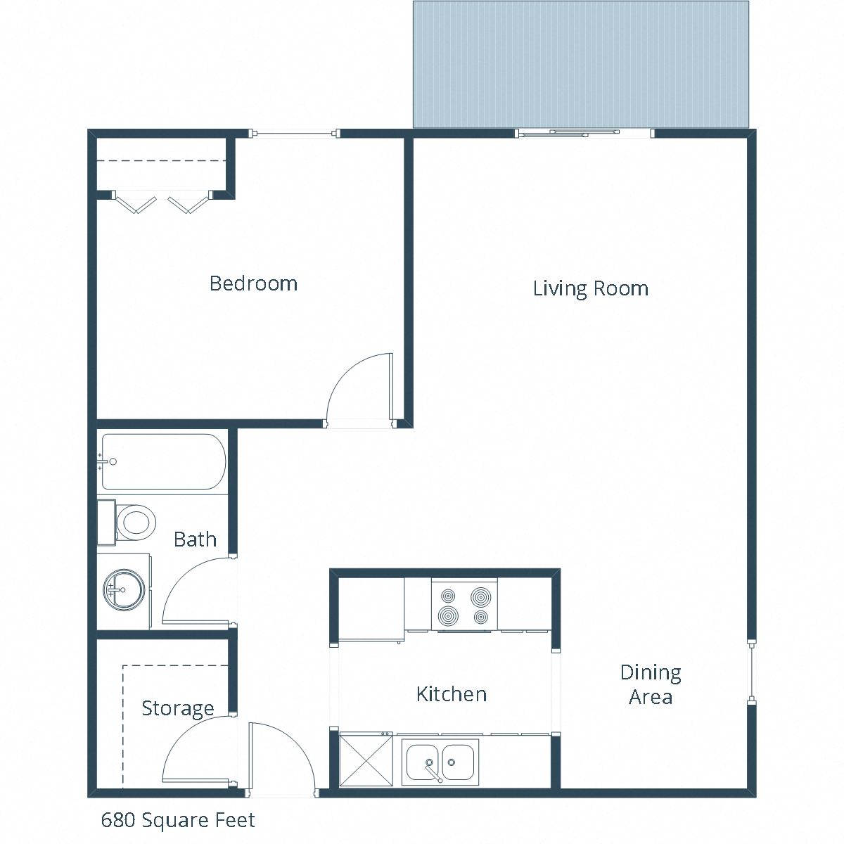 Floor plan for 1 bed, 1 bath, 680 sqft
