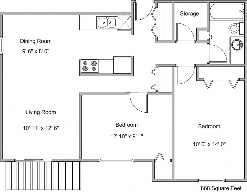 Floor plan for 2 beds, 1 bath, 920 sqft