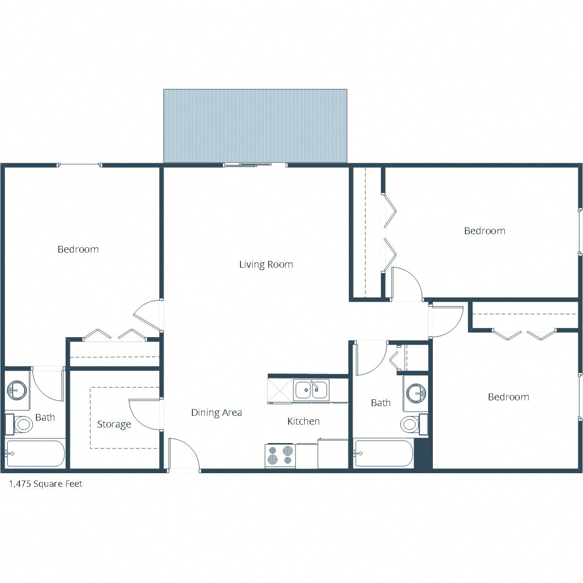 Floor plan for 3 beds, 2 baths, 1425 sqft
