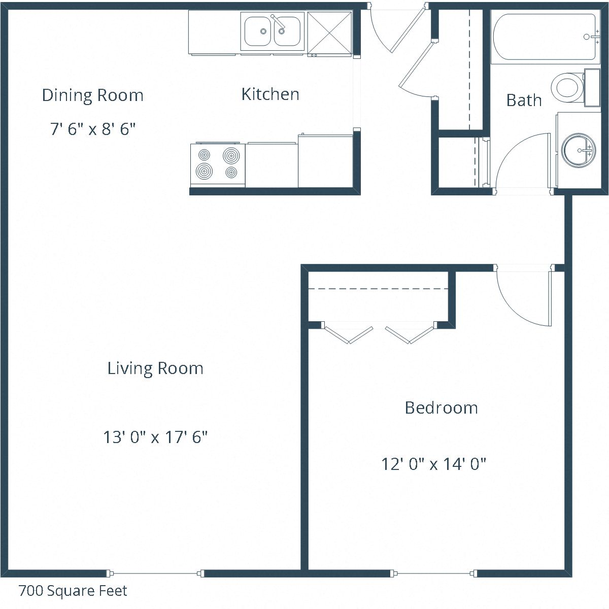 Floor plan for 1 bed, 1 bath, 700 sqft