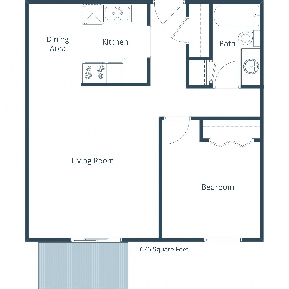 Floor plan for 1 bed, 1 bath, 675 sqft