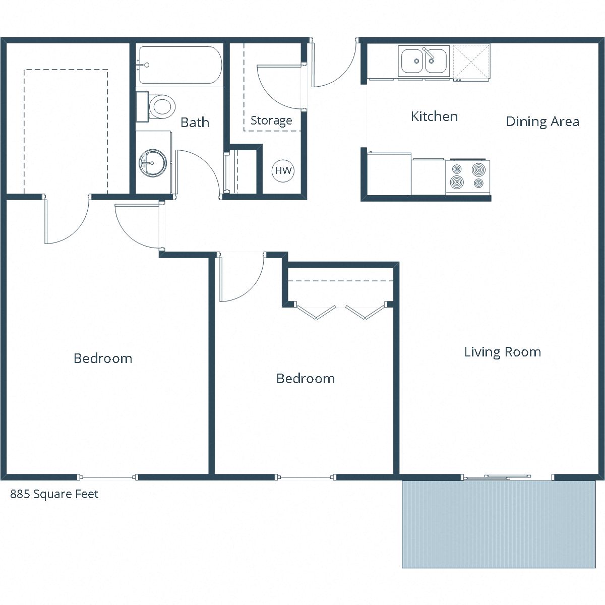Floor plan for 2 beds, 1 bath, 885 sqft
