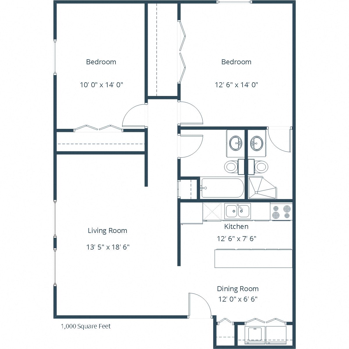 Floor plan for 2 beds, 2 baths, 1000 sqft