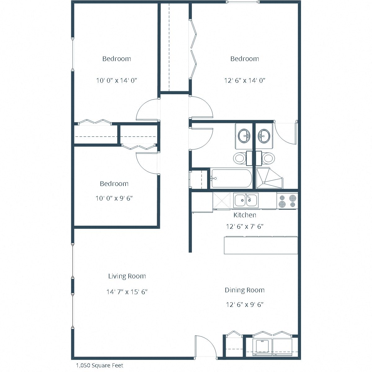 Floor plan for 3 beds, 2 baths, 1050 sqft