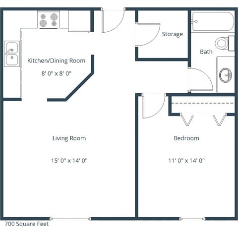 Floor plan for 1 bed, 1 bath, 702 sqft
