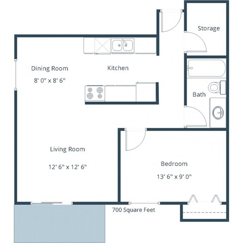 Floor plan for 1 bed, 1 bath, 700 sqft