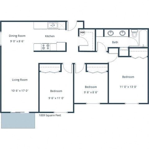 Floor plan for 3 beds, 1 bath, 1009 sqft