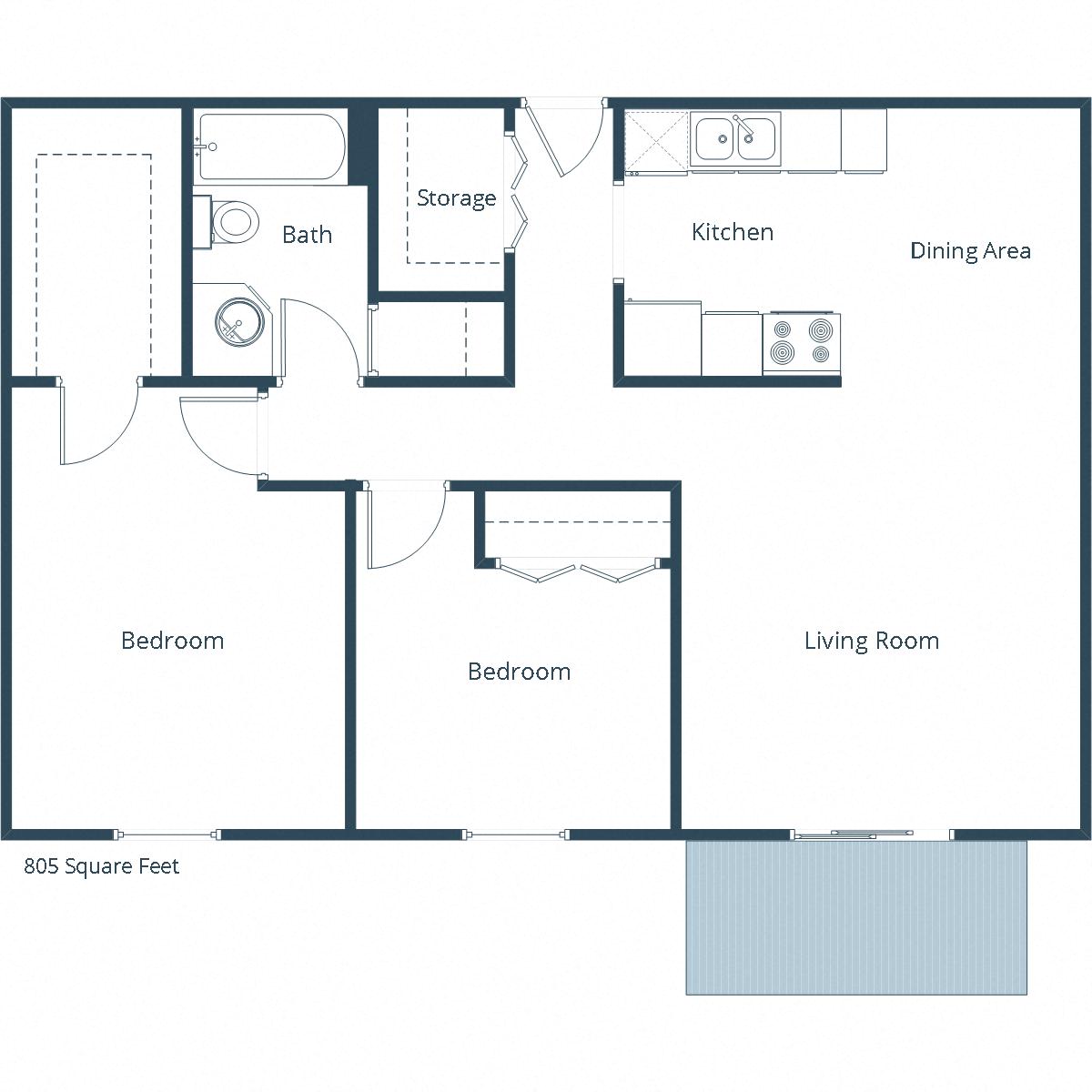 Floor plan for 2 beds, 1 bath, 805 sqft