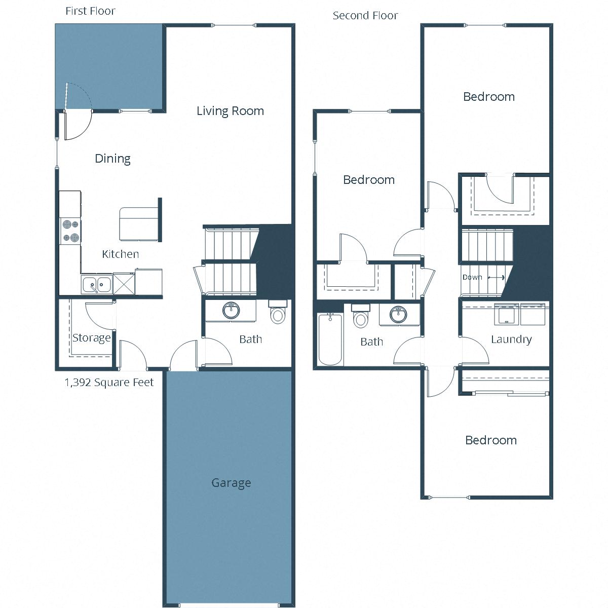 Floor plan for 3 beds, 1.5 baths, 1392 sqft