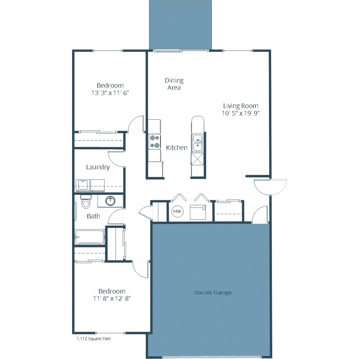 Floor plan for 2 beds, 1 bath, 1112 sqft