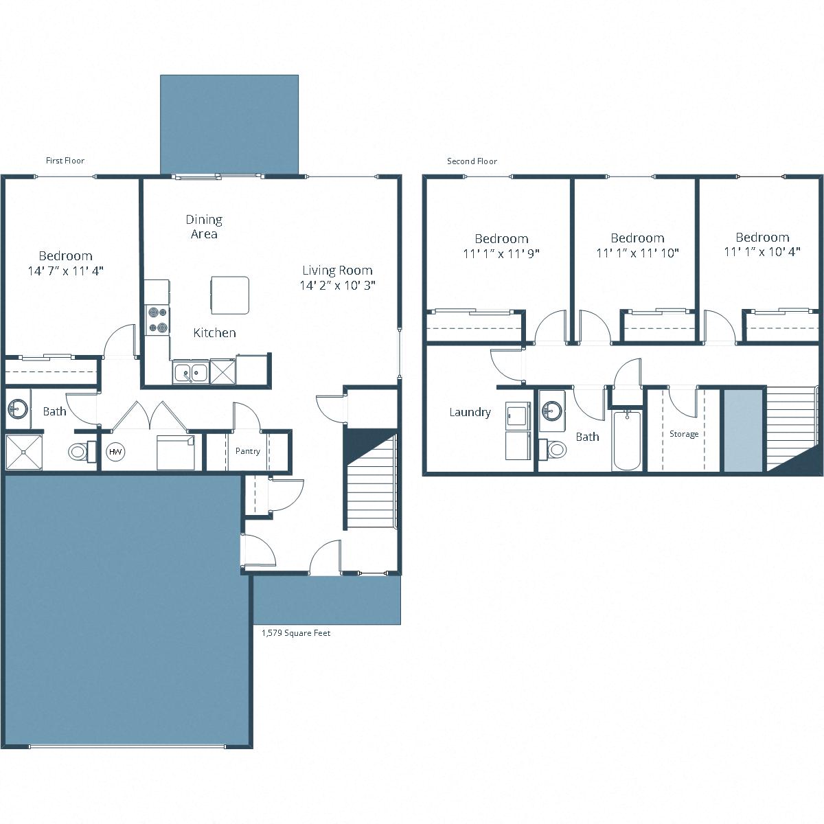 Floor plan for 4 beds, 2 baths, 1636 sqft