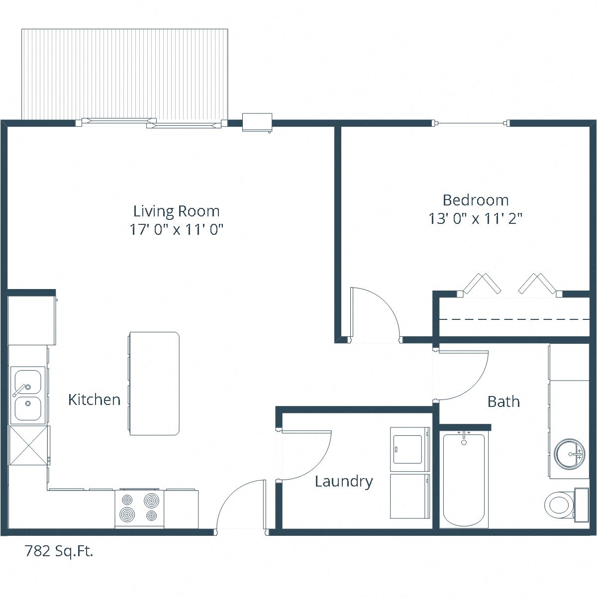 Floor plan for 1 bed, 1 bath, 748 sqft