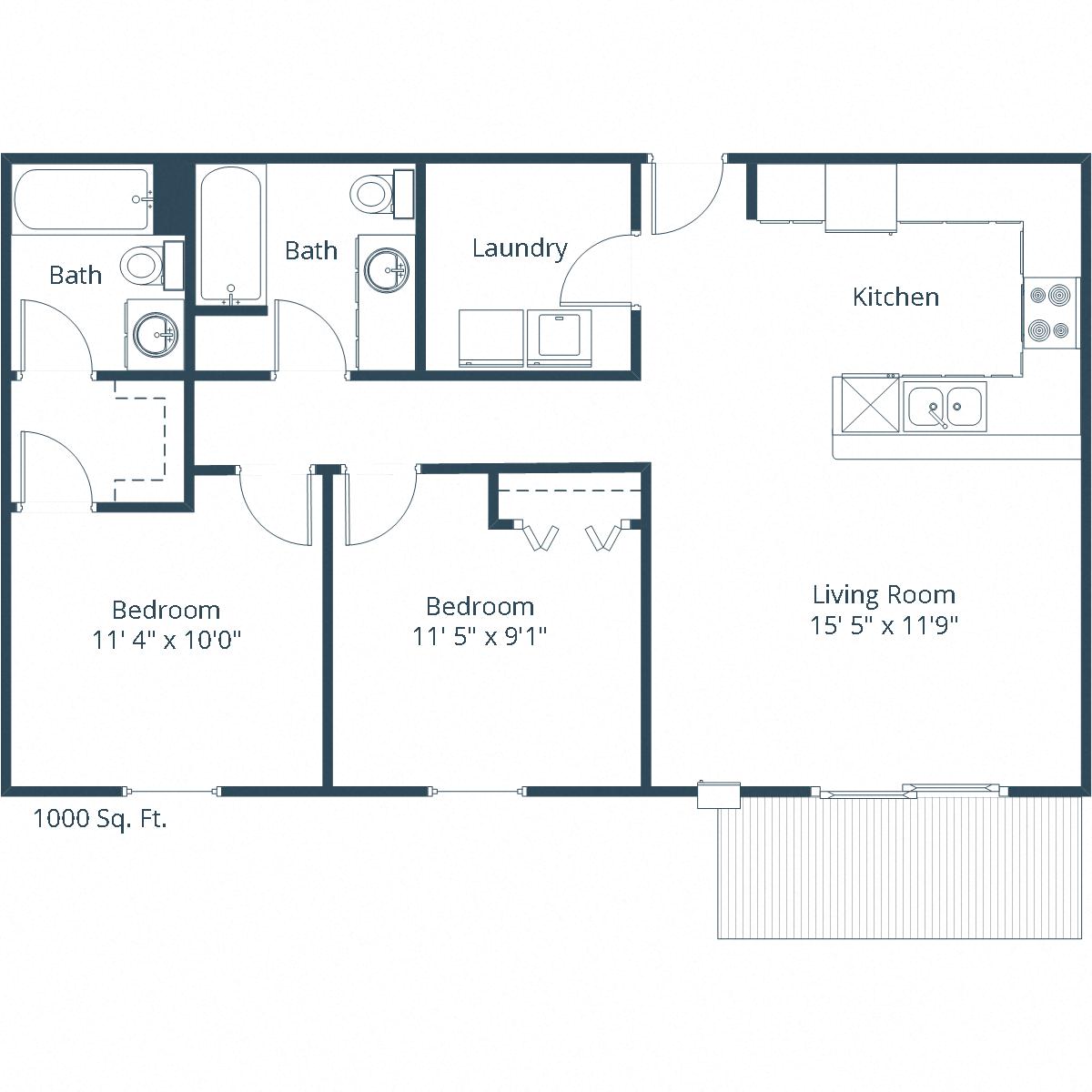 Floor plan for 2 beds, 2 baths, 1000 sqft