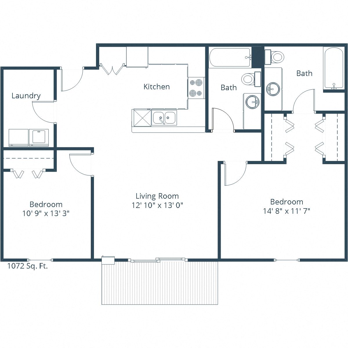 Floor plan for 2 beds, 2 baths, 1072 sqft