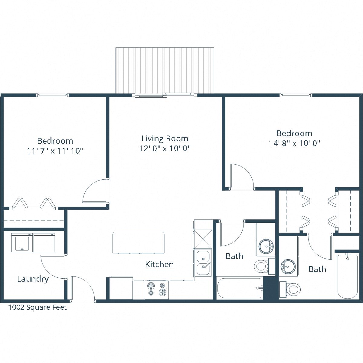 Floor plan for 2 beds, 2 baths, 1002 sqft