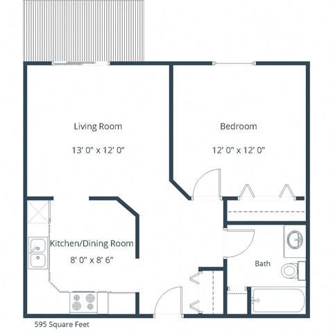 Floor plan for 1 bed, 1 bath, 595 sqft
