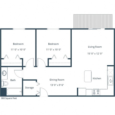 Floor plan for 2 beds, 1 bath, 895 sqft