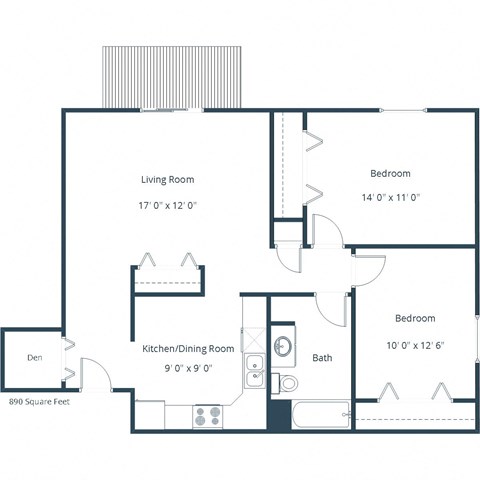 Floor plan for 2 beds, 1 bath, 885 sqft
