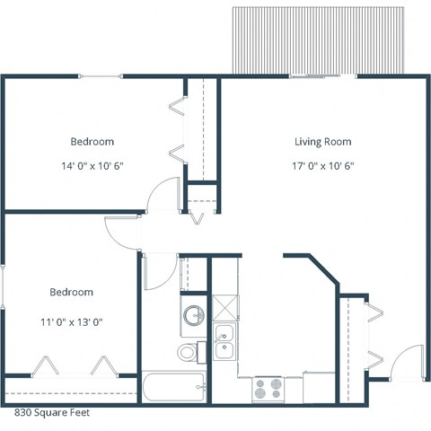Floor plan for 2 beds, 1 bath, 855 sqft