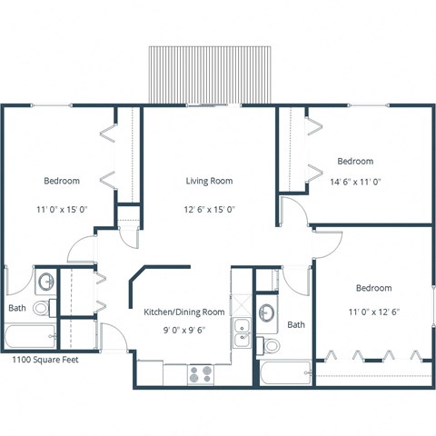 Floor plan for 3 beds, 2 baths, 1100 sqft