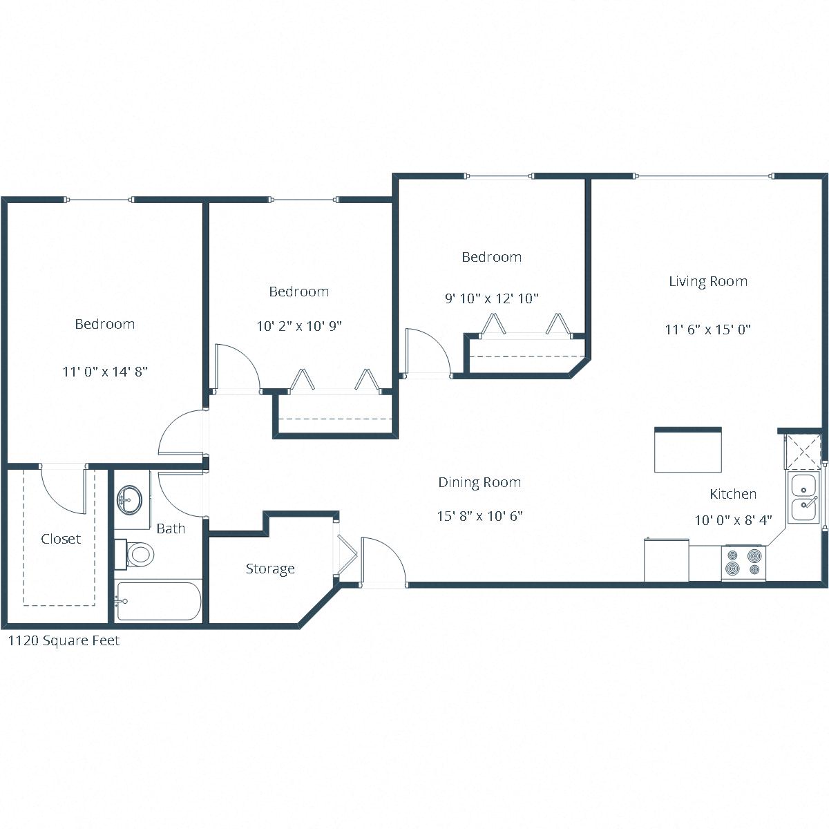 Floor plan for 3 beds, 1 bath, 1020 sqft
