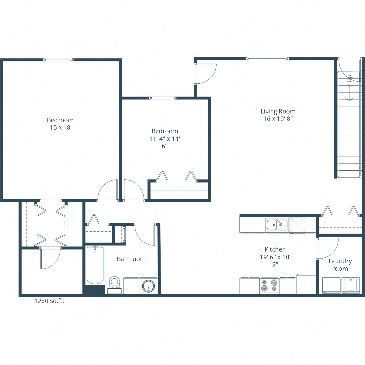 Floor plan for 2 beds, 1 bath, 1277 sqft