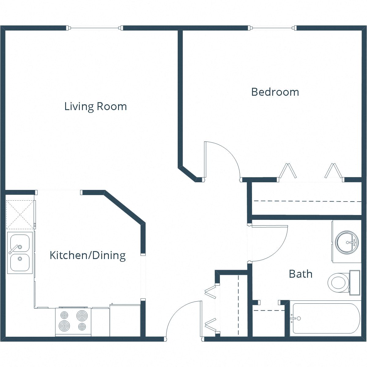 Floor plan for 1 bed, 1 bath, 600 sqft