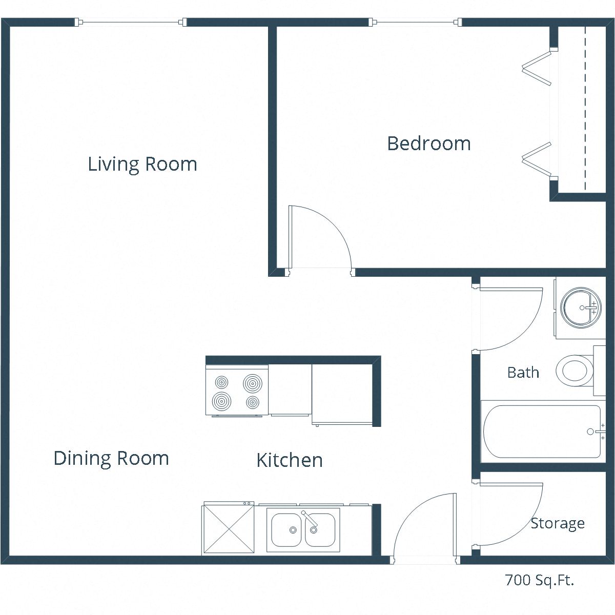 Floor plan for 1 bed, 1 bath, 700 sqft