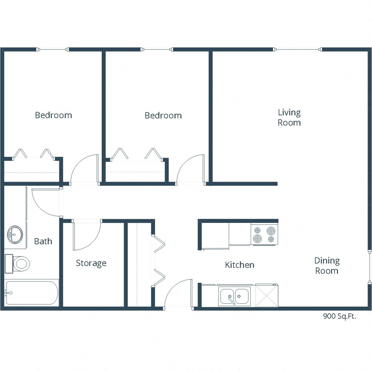 Floor plan for 2 beds, 1 bath, 900 sqft