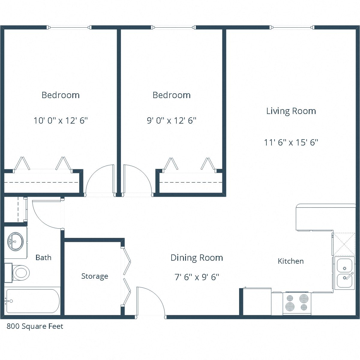 Floor plan for 2 beds, 1 bath, 900 sqft